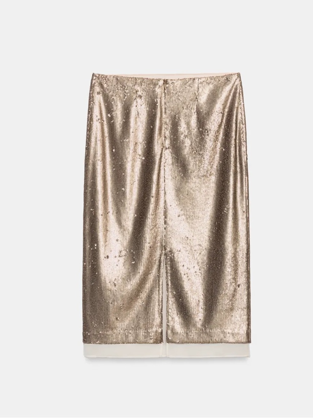 Zara NWT ZW COLLECTION beige light taupe muted Metallic Sequin Midi Skirt - Picture 4 of 9